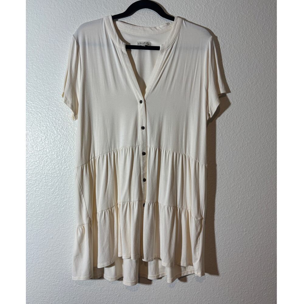 Wonderly Women's Size XL Cream Button-Front Split V-Neck Tiered Tunic Top